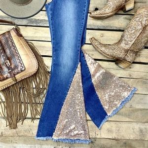 Southern Fried Chicks, sequined flared jeans, Lrg.